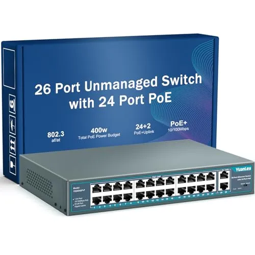 YuanLey 26 Port PoE Switch, 24 PoE+ Port 100Mbps, 2 Uplink Gigabit, 802.3af/at 400W, Nicht verwaltetes Plug-and-Play für die Rackmontage
