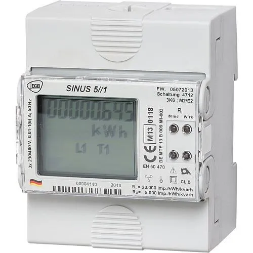 EGB Drehstromzähler SINUS 5/1A - Steckdosen- & Schalterteile, Elektronischer Drehstrom-Wandlerzähler mit Zweitariffunktion, ideal für effiziente Energiekontrolle in Innenräumen.