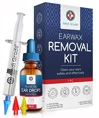 Medi Grade Ohrenreiniger - Set mit Olivenöl-Spray und 3 Quad-Stream Spitzen - Ohrreiniger für Babys, sicher und effektiv mit 360° Quad-Stream Spitzen für sanfte Ohrenschmalz Entfernung und verbesserte Hörqualität.