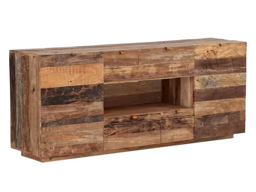Woodkings Sideboard Oldwood | Rustikale TV-Kommode aus Altholz | 180cm Stauraum für Wohnzimmer oder Esszimmer - Das 180x75x40 cm große Sideboard Oldwood überzeugt mit individuellem Charakter aus hochwertigem Altholz. Mit zwei Türen, vier Schubladen und einem offenen Fach bietet es vielseitigen Stauraum für Ihr Zuhause.