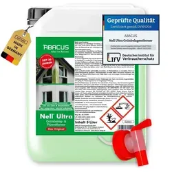 ABACUS® Nell Ultra Grünbelagentferner & Algenentferner Konzentrat 5L – Effektive Reinigung - Effektiver Allzweckreiniger zur selbsttätigen Entfernung von Grünbelag und Algen auf wasserfesten Oberflächen. Mit 40% Wirkstoffanteil für bis zu 100m² Fläche. Ideal für Terrassen, Gehwege und mehr – für mühelose Sauberkeit!