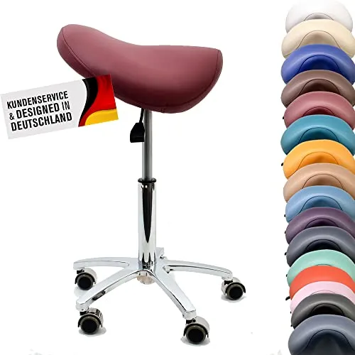 Promafit Sattelhocker/Sattelstuhl mit Gummirollen für alle Böden und Metallfuß - ergonomisch - stufenlos höhenverstellbar - viele Farben - 360° drehbar (Burgund, Ohne Fußring)