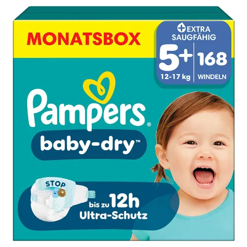 Pampers Baby-Dry Größe 5+, 168 Windeln - WINDELN für Babys von 12kg-17kg, mit bis zu 100% Auslaufschutz und Komfort die ganze Nacht dank extra saugfähiger Technologie und Flexi-Seitenflügel für eine perfekte Passform.