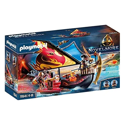 PLAYMOBIL Novelmore 70641 Burnham Raiders Feuerschiff - Abenteuer auf dem Wasser - Playmobil Feuerschiff für spannende Wasserabenteuer, mit schwenkbaren Kanonen und vielseitiger Bugsichel als Rammschutz oder Enterhaken. Ideal für kreative Rollenspiele ab 4 Jahren.