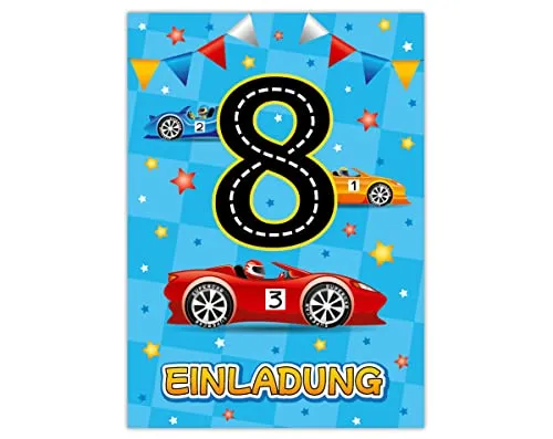 Einladungskarten zum 8. Kindergeburtstag achte Geburtstag Jungen Rennauto Geburtstagseinladungen 12