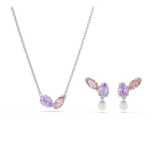 Swarovski x Ariana Grande Set – Ohrringe und Halskette, Mehrfarbig, Rhodiniert - Setzen Sie ein Statement mit diesem eleganten Ohrring- und Halsketten-Set in Pastelltönen. Die rhodinierten Schmuckstücke funkeln mit rosa- und lilafarbenen Swarovski Zirconia, ideal für besondere Anlässe.