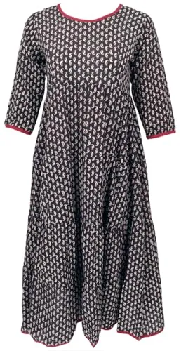GURU SHOP Boho Sommerkleid - Dunkelbraun, Damen, Baumwolle, Size:M - Freizeitkleid für Damen, luftiges wadenlanges Design mit aufgesetzten Taschen und einzigartigem handbedrucktem Stoff für einen lebendigen Look.