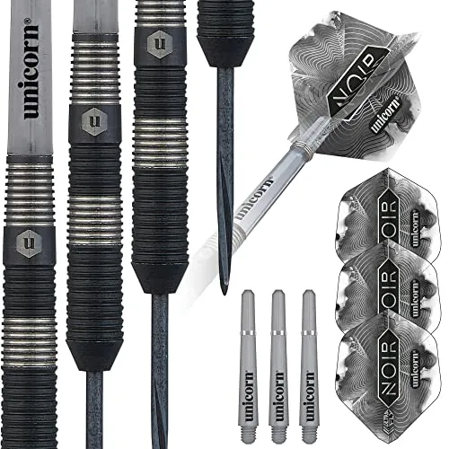 Unicorn Steeltip Dartpfeile Set | Noir Style 3 | 90% Tungsten Barrels mit schwarzer Titanbeschichtung & schwarzen Volute Points | 24g