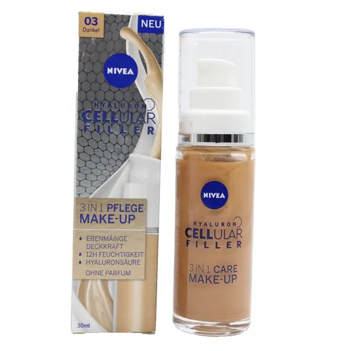 NIVEA Hyaluron CELLULAR Filler 3in1 Pflege Make-up 03 dunkel 30 ml - Make-up für Frauen, das feine Linien und Rötungen mildert. Mit Hyaluronsäure für eine optimale Farbkorrektur und ein strahlendes Hautbild.