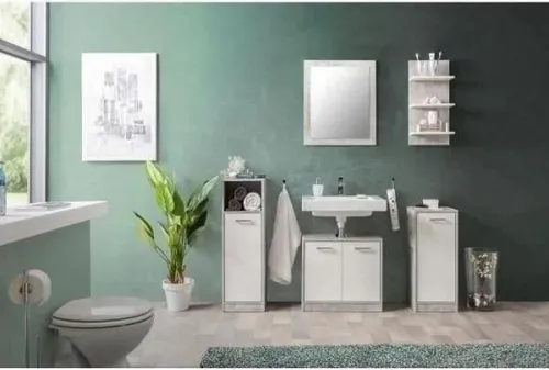 Badezimmerset Madeira – Modernes Set in Betonoptik - Vervollständigen Sie Ihr Badezimmer mit dem Madeira-Badezimmerset: 4-teilig, inklusive Waschtischunterschrank und Regal. Stilvolles Design in grauer Betonoptik mit eleganten Chromgriffen, ideal für eine moderne Einrichtung.