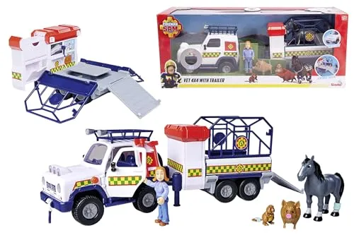 Feuerwehrmann Sam 109252624038 Anhänger Tierrettung, bewegliche Figur Lizzie 7,5 cm und 3 Tierfiguren, Lichteffekte, offizielles lizensiertes Spielzeug aus der Serie