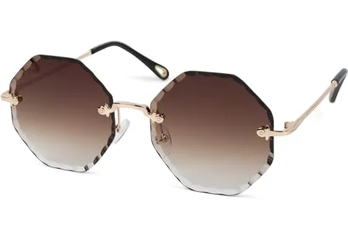 styleBREAKER Damen Runde Sonnenbrille Rahmenlos mit getönten Gläsern im Diamant Schliff, Geprägte Bügel, Vieleckige Gläser 09020118, Farbe:Gestell Gold/Glas Braun Verlauf
