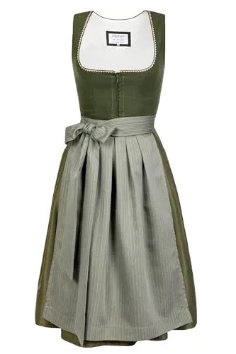 Edelnice Trachtenmode Midi Dirndl Anni aus Leinen in Grün - Elegantes Dirndl für Damen, gefertigt aus hochwertigem Leinen, mit schicker salbeifarbener Schürze und edlem Fischgrätenmuster. Ideal für festliche Anlässe und das Oktoberfest.