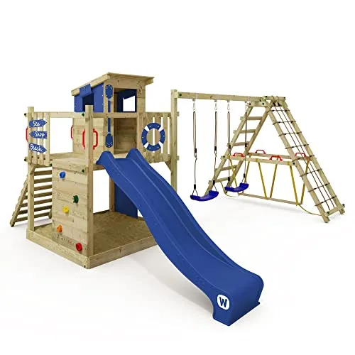 Wickey Spielturm Smart Surf – Abenteuer-Stelzenhaus mit Schaukel & Rutsche - Schaukeln mit Wellenrutsche und Kletteranbau, 10 Jahre Garantie auf Holzelemente, perfekt für kleine Abenteurer ab 3 Jahren.