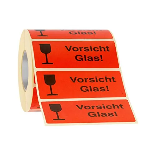 Etiketten Aufkleber Vorsicht Glas rot 1000 Stück 90x35mm Warnetikett auf Rolle 593101