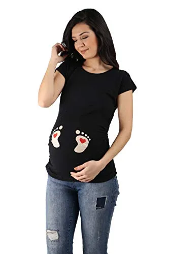 Fußabdrücke Baby mit Herz - Lustige witzige süße Umstandsmode mit Motiv Umstandsshirt für die Schwangerschaft T-Shirt Schwangerschaftsshirt, Kurzarm (Schwarz, Large)