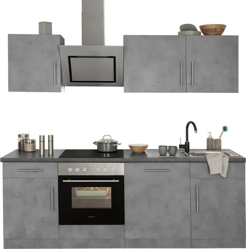 wiho Küchen Küchenzeile Cali mit E-Geräten - 220 cm - Küchenzeile in betonfarben mit hochwertiger Granit-Arbeitsplatte, inkl. Hanseatic E-Geräten, ideal für moderne Küchen und effiziente Raumnutzung.