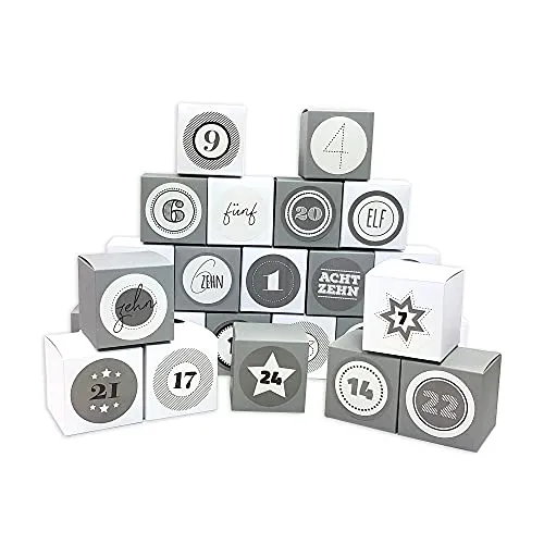 Frau WUNDERVoll® DIY Adventskalender Vorfreude zum Befüllen, Faltschachteln 12x grau 12x weiß 7x7x7cm (gefaltet), XL Ziffern grau/Weihnachten, Aufkleber, Würfelbox, Faltverpackung, Schachteln
