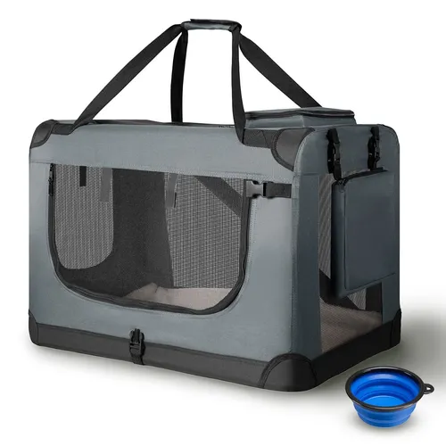 Juskys Tiertransporttasche Lassie, Grau - Sicherer Transport für Hunde - Tier-Transporttasche mit Decke, Fressnapf und robustem Material, ideal für Reisen mit Ihrem Hund.