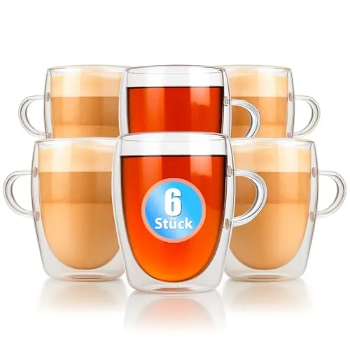 BigDean 6 Stück doppelwandige Latte Macchiato Gläser 300 ml - Kaffee- & Teegläser in edler Geschenkverpackung, aus robustem Borosilikatglas – ideal für heiße und kalte Getränke, perfekt für jeden Anlass!