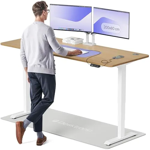 Desktronic HomePro Elektrisch höhenverstellbarer Schreibtisch 200x80cm – Massive Eiche/Weiß mit Memory-Funktion - Höhenverstellbarer Schreibtisch mit kraftvollem Doppelmotor für sanfte Anpassungen, ideal für ergonomisches Arbeiten. Inkl. USB-Anschlüsse und 3 Speicherplätzen für persönliche Höheneinstellungen.