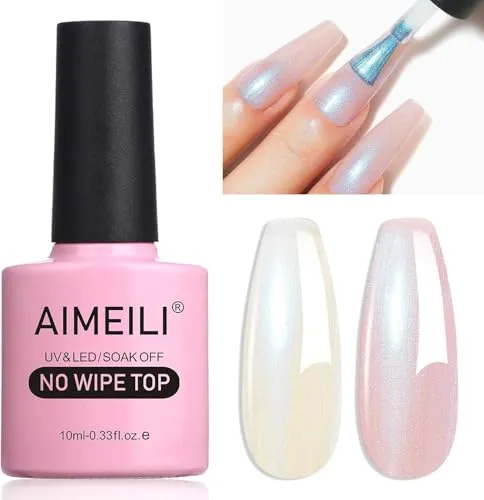 AIMEILI Pearl Top Coat, Perlmutt Überlack UV Top Coat Pearl Nagellack Perlmutt Schimmer mit Thread Shell Nagel 10ml - 001