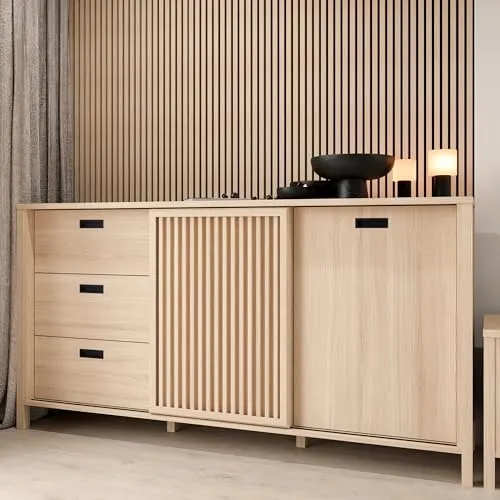 Forte JYTANA Sideboard 17ß 180, skandinavisches Sideboard mit 3 Schubladen und 2 Schranktüren, Holzwerkstoff, Riva Eiche Holzdekor, 174,8 cm breit x 91,5 cm hoch x 40,2 cm tief