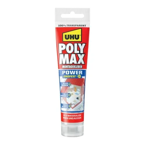 UHU POLY MAX POWER Montagekleber 115g - Transparent - Montagekleber mit sehr hoher Endfestigkeit, ideal für Innen- und Außenanwendungen. Temperaturbeständig von -40 °C bis +100 °C, wasserfest und auch auf leicht feuchten Oberflächen einsetzbar.