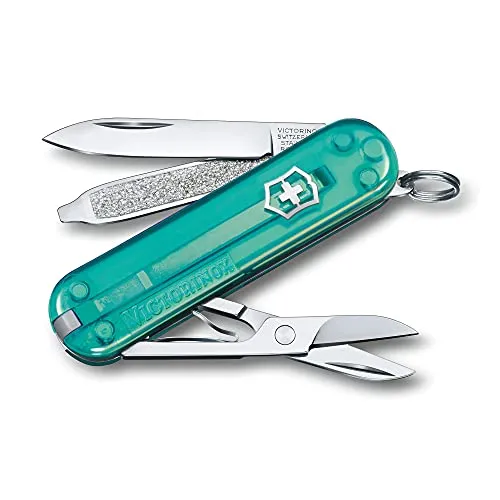 Victorinox Schweizer Taschenmesser, Klein, Classic SD, Multitool, Swiss Army Knife, Geschenk, 7 Funktionen, Klinge, Nagelfeile, Türkis Transp.