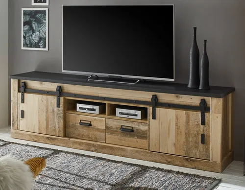 Furn.Design TV-Lowboard 'Stove' - TV-Lowboard in Vintage-Optik mit großzügigem Stauraum, 2 Schubladen und Soft-Close-Funktion, ideal für ein stilvolles Wohnzimmer.
