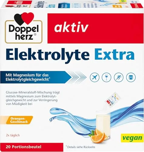 Doppelherz Elektrolyte Extra - Vegane Elektrolytmischung - 20 Portionsbeutel - Ideal zur Unterstützung des Flüssigkeitshaushaltes bei körperlicher Belastung. Doppelherz Elektrolyte Extra liefert wichtige Mineralstoffe in praktischen Portionsbeuteln mit leckerem Orangengeschmack.