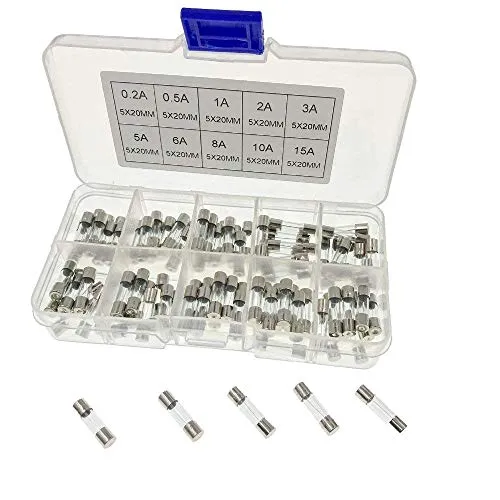 JZK 100x Flinke Glas Feinsicherung Set, 20 x 5mm, Glasrohrsicherung Sortiment Glassicherung mit Box und 10 Ampere Werten: 0,2A 0,5A 1A 2A 3A 5A 6A 8A 10A 15A