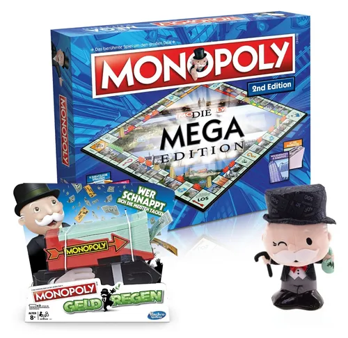 Monopoly 3er Fanbundle - Mega 2nd Edition + Geldregen + Mr. Monopoly Plüschfigur - Gesellschaftsspiele, umfassendes Bundle für Monopoly-Fans mit exklusiven Inhalten und der beliebten Mr. Monopoly Plüschfigur für noch mehr Spielspaß.