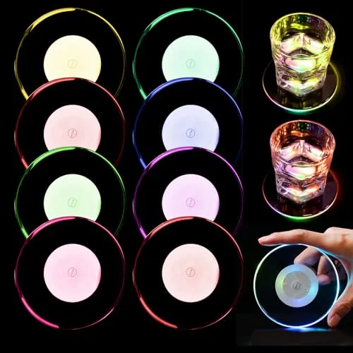 WIYETY 8 Stück LED Untersetzer: Ø 10cm Leuchtuntersetzer Rund aus Acryl, Wasserdicht mit 7 Farbmodi & ON/Off Taste, LED Untersetzer für Gläser Flaschen Partys Hochzeiten Bar Weihnachten (Rund)