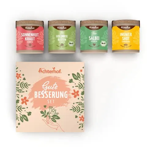 Gute Besserung Gewürzset | mit Sonnenhutkraut, Bio Holunderblüten geschnitten, Bio Salbei geschnitten, Ingwer Shot | vom Achterhof