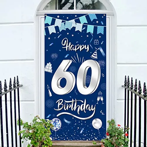 GoldRock Banner 60. Geburtstag Mann Frau Blau, Deko 185 cm×90 cm, Geburtstagsbanner, Happy Birthday Girlande 60 Jahre, Geburtstagsdeko Blau Silber
