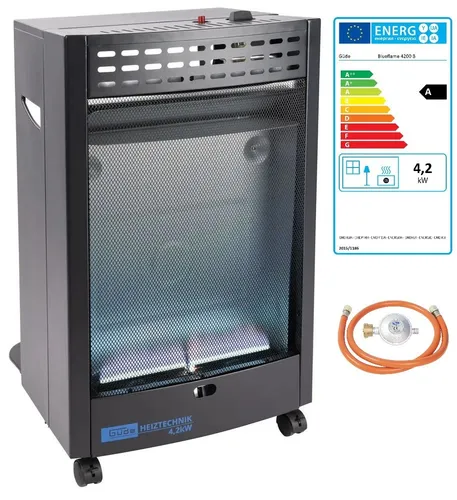 Güde Gasofen Blueflame 4200 B – Mobiler Bauheizer - Heizgeräte mit 2 Heizstufen und 4,5 kW Leistung, ideal für Baustellen und Zelte. Mobil und mit Rollen für einfache Handhabung.