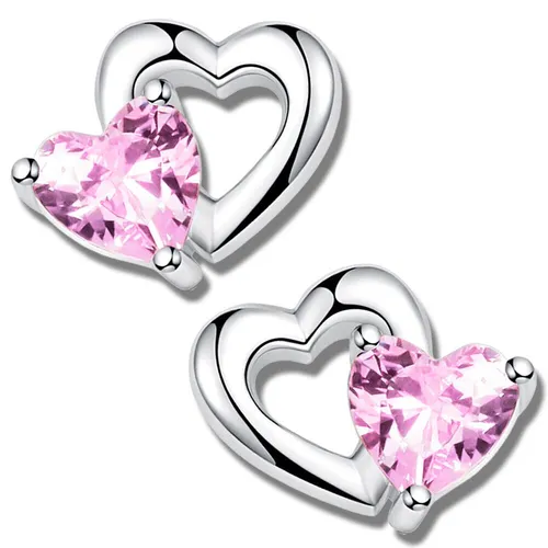 Ohrstecker 925er echt Silber Herz Ohrringe Rosa für Mädchen Kristall Stein K710