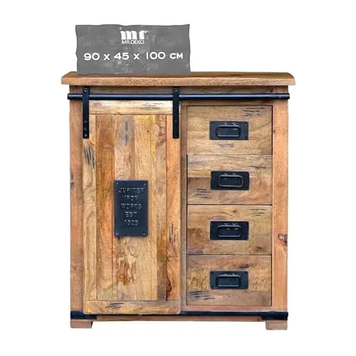 MR.DEKO Kommode Florenz Mango Vintage 90 x 45 x 100 cm - Schubladenkommode aus Mangoholz im Vintage-Look mit 4 Schubladen und 1 Schiebetür, ideal für ein gemütliches Ambiente und versandkostenfreie Lieferung.