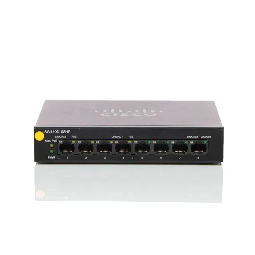 Cisco SG110D-08HP Switch - 8-Port unmanaged - Unmanaged Gigabit Ethernet Switch mit 8 Anschlüssen, ideal für einfache Netzwerklösungen. Kompakt und zuverlässig, perfekt für den Einsatz im Büro.