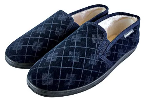 DUNLOP - Herren Memory Foam Winter Warm Gestrickt Mokassins Hausschuhe mit Gummisohle (46 EU, Navy)
