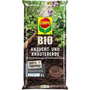 Compo Bio Blumenerde für Anzucht und Kräuter, 5 Liter - Gebrauchsfertige, torffreie Blumenerde mit Startdüngung für bis zu 6 Wochen. Ideal für Jungpflanzen und Kräuter, sorgt für sicheres Keimen und kräftiges Wachstum.