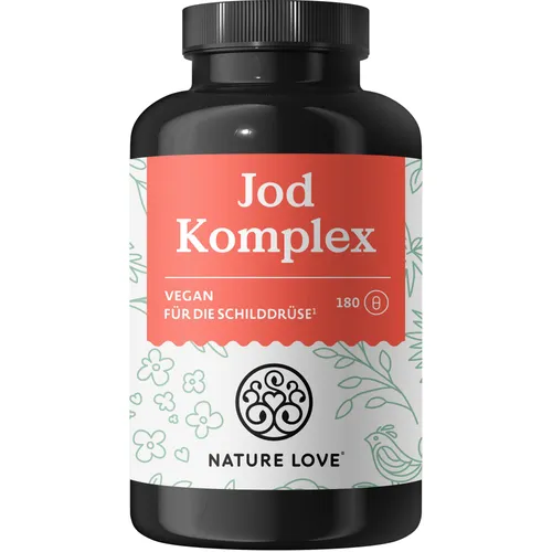 Jod Komplex 180 Kapseln von Nature Love - Nahrungsergänzungsmittel zur Unterstützung der Schilddrüsenfunktion, rezeptfrei und in praktischer Kapsel-Form für eine einfache Einnahme.