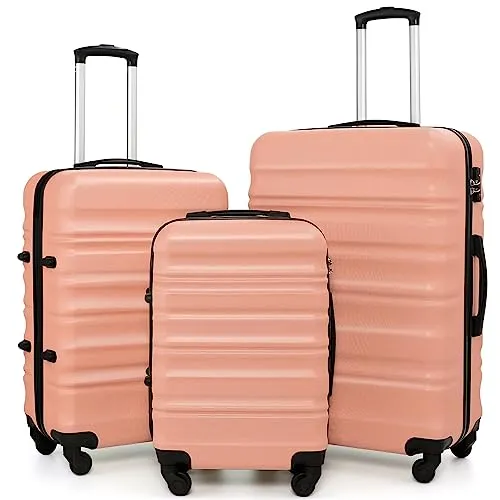 COOLIFE Hartschalen-Koffer Trolley Rollkoffer Reisekoffer mit TSA-Schloss und 4 Rollen (Kirschblüte Pulver, Koffer-Set)