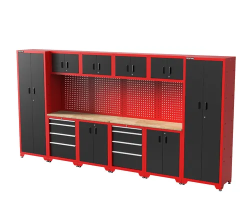 FEISTOS Werkzeugschrank Juno 11 | Schwarz-Rot | 396x46x198 cm - Werkbänke mit abschließbaren Modulen für Sicherheit und flexible Modulkombination für individuelle Anforderungen – ideal für Profis und Hobbybastler!