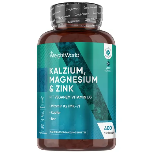 Kalzium Magnesium Zink Tabletten - 400 Stk - Vegan mit Vitamin D3 & K2 - Vitamine & Mineralien: 400 Tabletten für allgemeines Wohlbefinden und Muskelgesundheit, glutenfrei und vegetarisch, ideal für Fitness und Sport.