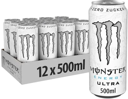 Monster Energy Ultra White Zuckerfrei 12x 0,5 Liter (EINWEG) - Erfrischender Energy Drink mit leichtem Zitrusgeschmack, kalorienarm und zuckerfrei. Ideal für einen Energieschub zwischendurch und perfekt gekühlt ein Genuss!