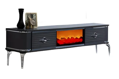 Glamouröser TV-Schrank mit Kamin und silbernen Einsätzen - Eleganter TV-Lowboard für das Wohnzimmer, 160 cm breit, mit 2 Schubladen. Verwandelt jeden Raum in eine stilvolle Oase. Hergestellt aus hochwertigem Holz mit einer modernen, einfarbigen Optik.