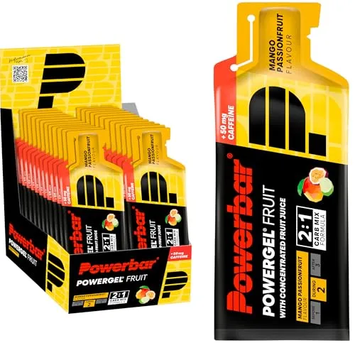 Powerbar PowerGel Fruit Mango Passionfruit - 24x41g - Ausdauer- & Energieriegel mit 50mg Koffein pro Beutel, ideal zur Leistungssteigerung bei intensiven Trainingseinheiten, vegan und mit natürlichen Aromen.