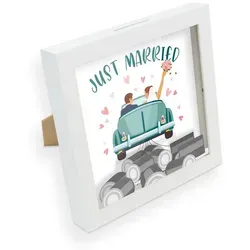 itenga Spardose I Geldgeschenk I Just Married Auto Hochzeit I Gutschein I Bilderrahmen zum Befüllen I Geschenkverpackung I inkl.Einleger zum Dekorieren